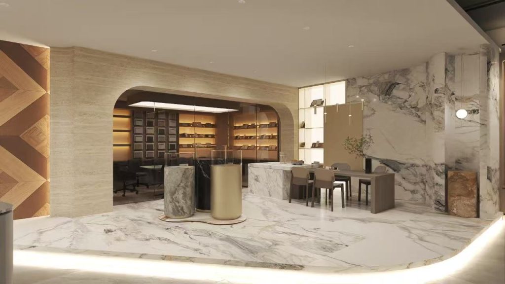 Luxury bathroom with marble look tiles