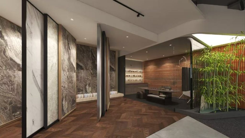 Contemporary living space with wood look flooring